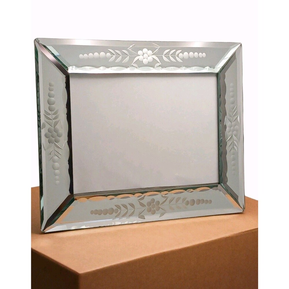 Vintage Carr Etched Venetian Style Mirrored Glass Floral Photo Frame Fits 5"x7"